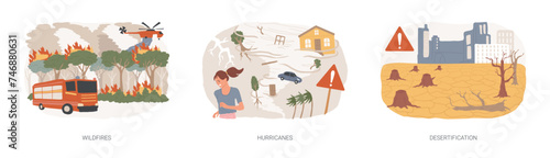 Natural disaster isolated concept vector illustration set. Wildfires and hurricanes, desertification and draught, deforestation problem, climate change, global warming, firefighting vector concept.