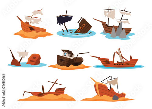 Set of New and damaged sailing ships set collection, broken ship or shipwreck, Cartoon wooden battered ship with tattered flag and sails after wreck or attack, Broken vessel in underwater sea bottom.