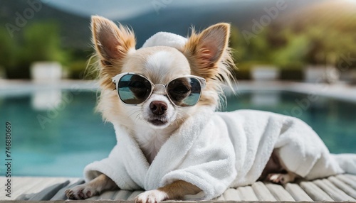 Chihuahua dog relaxing and lying  in spa wellness center  wearing a bathrobe and funny sunglasses