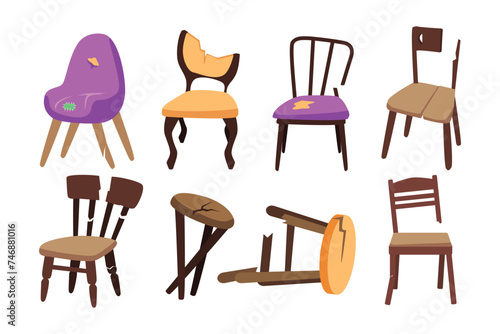 Set of various broken chairs set collection, Broken furniture illustration set outline vector. Classic Home Interior room. Couch Damage Broken old wooden chair leg repair, vector illustration.