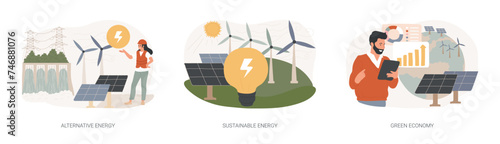 Clean green energy isolated concept vector illustration set. Alternative energy, sustainable eco system, renewable sources, wind turbine, solar panels, green economy, eco friendly vector concept.