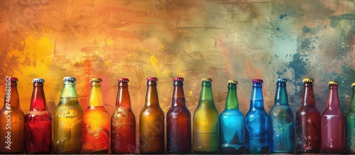 A painting depicting a row of colorful beer bottles lined up on a textured background, showcasing a variety of hues and shapes.
