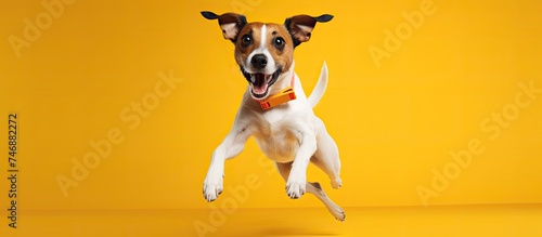 A Jack Russell dog is captured mid-air, leaping energetically against a bright yellow background. The dogs athletic prowess is showcased as it performs a playful jump.