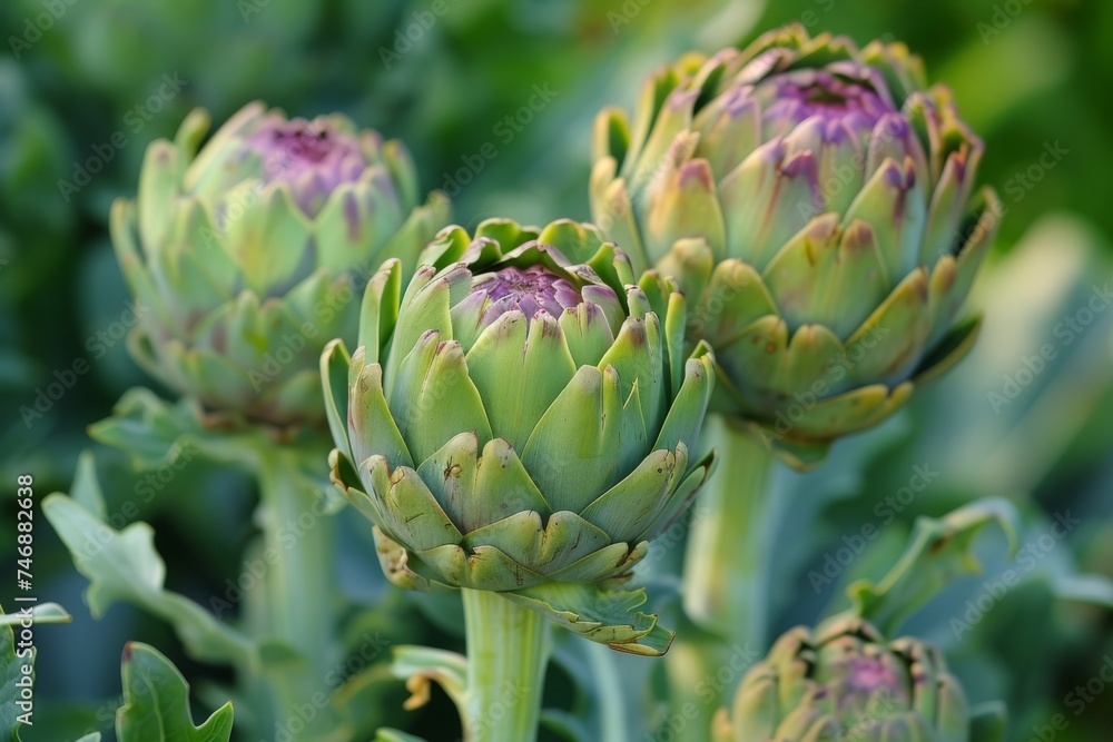 Fototapeta premium Bright artichokes against nature backdrop in twilight light.