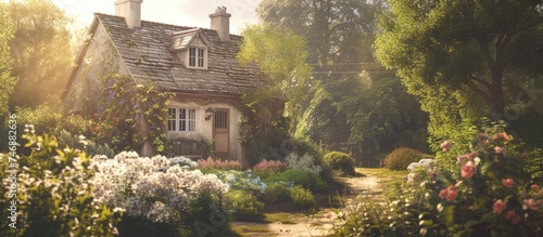 A quaint house stands amidst a vibrant garden filled with colorful flowers and towering trees. The setting exudes a sense of tranquility and charm, inviting viewers to appreciate the beauty of nature.