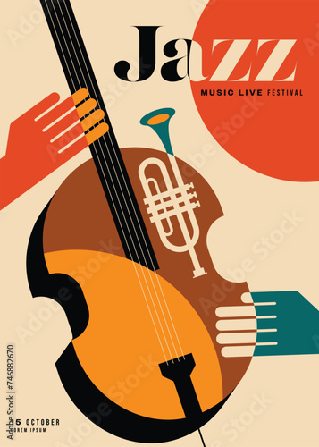 Jazz music festival poster template design decorative with cello and trumpet