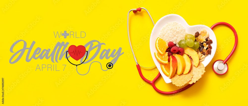 Plate with fresh healthy products and stethoscope on yellow background. Diet concept Plate with fresh healthy products and stethoscope on yellow background. Diet concept