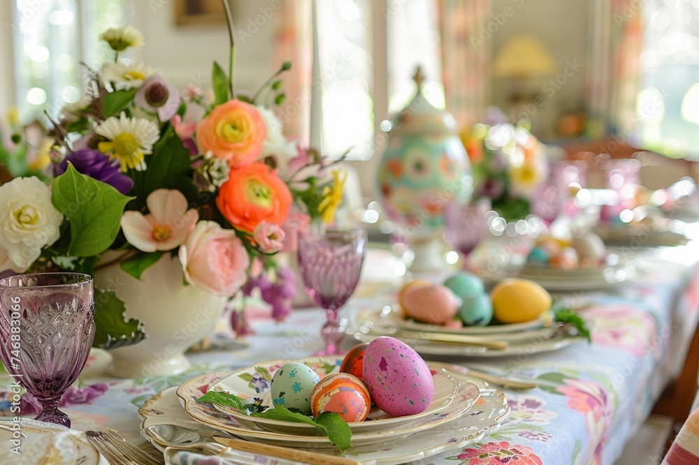 easter table setting with easter eggs