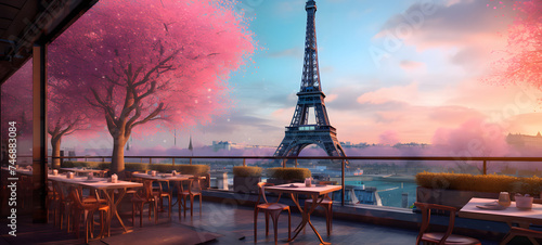 Fototapeta Naklejka Na Ścianę i Meble -  illustration of a paris cafe trees and the eiffel tower springtime in paris, ai generative