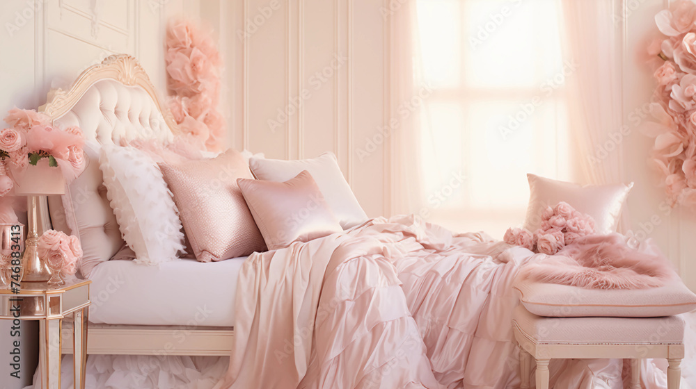Romantic boudoir design, Rose gold bedroom inspiration, Elegant rose gold decor, Luxurious boudoir ideas, Soft romantic lighting, dress on a chair - obrazy, fototapety, plakaty 