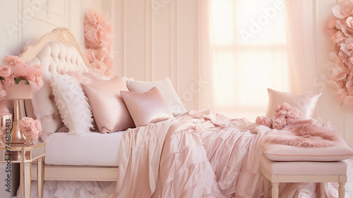 Romantic boudoir design, Rose gold bedroom inspiration, Elegant rose gold decor, Luxurious boudoir ideas, Soft romantic lighting, dress on a chair