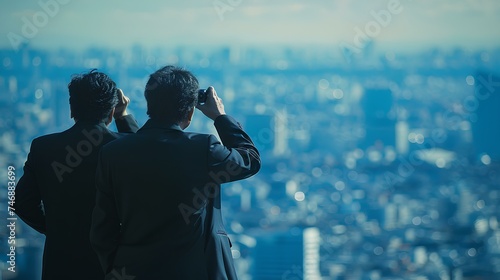 Two businesspeople with excellent project vision. two men looking through a telescope at the panoramic view of the city. generative AI