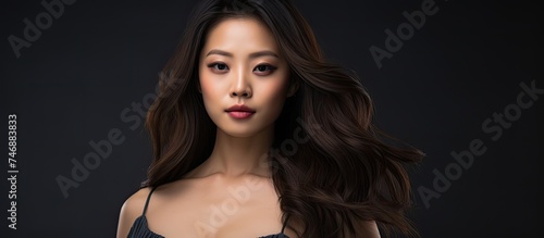 A stunning young Asian woman is confidently posing for a picture, elegantly displaying herself in a black bra against a neutral gray background.