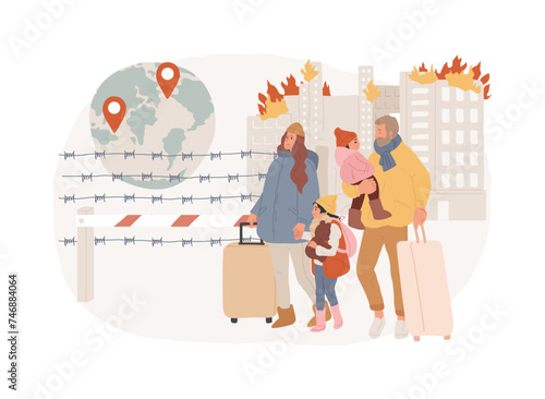 Refugees isolated concept vector illustration. People crossing border illegally, refugee world crisis, forced migration, internally displaced people, asylum seeker, immigration vector concept.