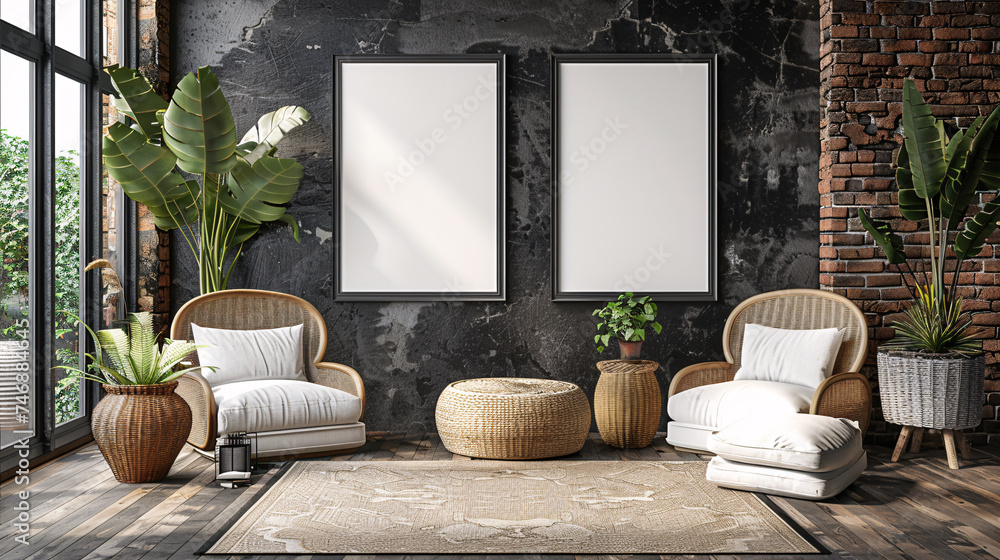Close-up of a mockup poster frame in a modern interior. Close-up of a mockup poster frame in a modern interior.