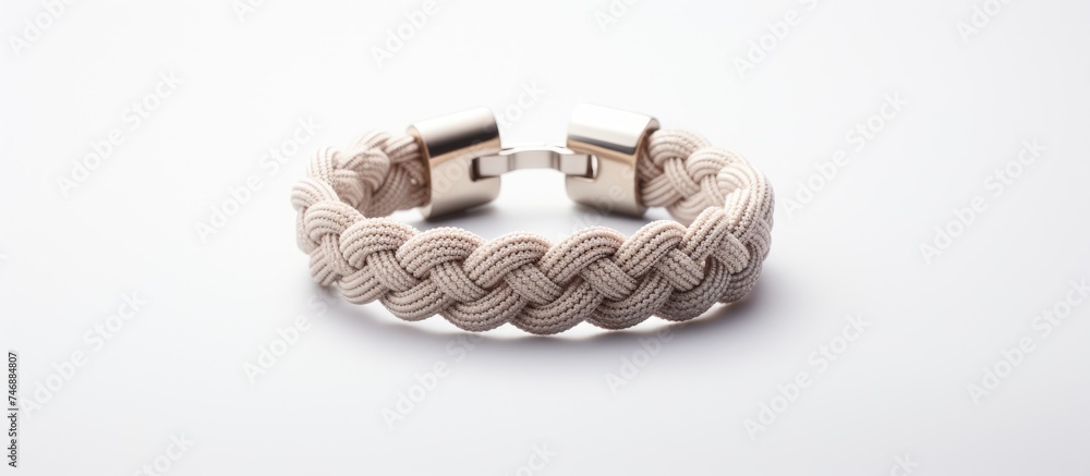 A stylish white bracelet featuring a intricate knot design, made from durable rope, showcased on a clean white background. A stylish white bracelet featuring a intricate knot design, made from durable rope, showcased on a clean white background.
