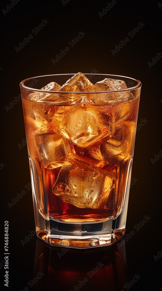 A glass of iced coffee on a dark background. 