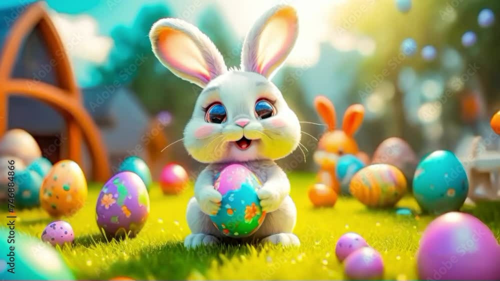A cute and cheerful Easter bunny sits on a green lawn surrounded by Easter eggs and sweets A cute and cheerful Easter bunny sits on a green lawn surrounded by Easter eggs and sweets