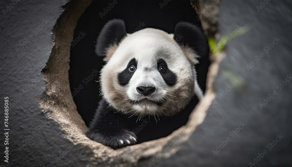 Naklejka premium Panda peeking out of a hole in black wall. 