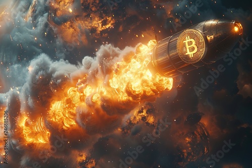 Bitcoin logo rocket launcher, cryptocurrency concept. The growth rate of the gold coin © Vasiliy