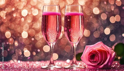 Pink rose champagne glasses close up, bokeh lights background. New year, Valentines day celebration toast festive rose gold blur pink champagne sparkle glitter web banner 