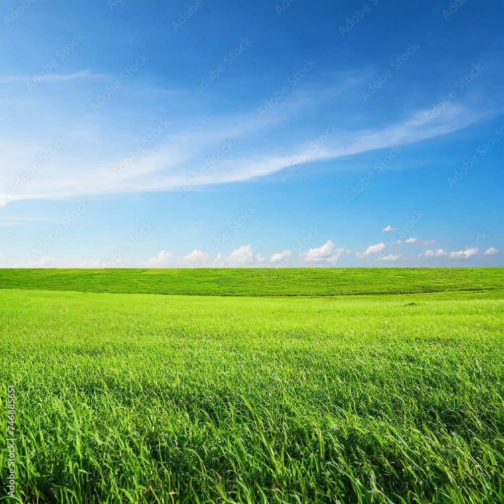 Landscape view of green grass field with blue sky background Landscape view of green grass field with blue sky background