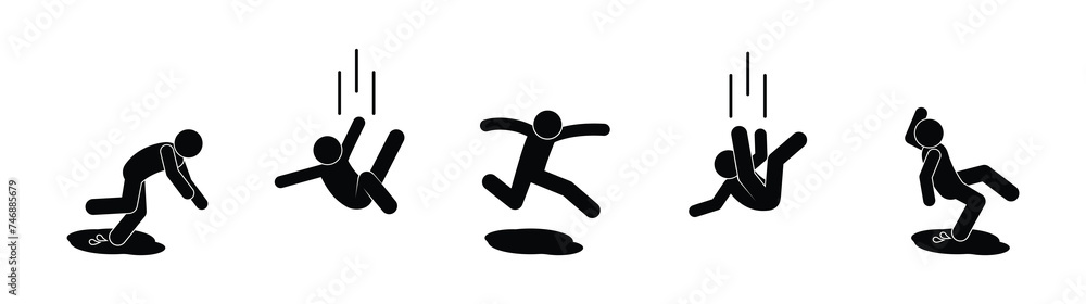 man falls, falling into a puddle icon, slippery floor symbol man falls, falling into a puddle icon, slippery floor symbol