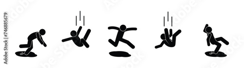 man falls, falling into a puddle icon, slippery floor symbol