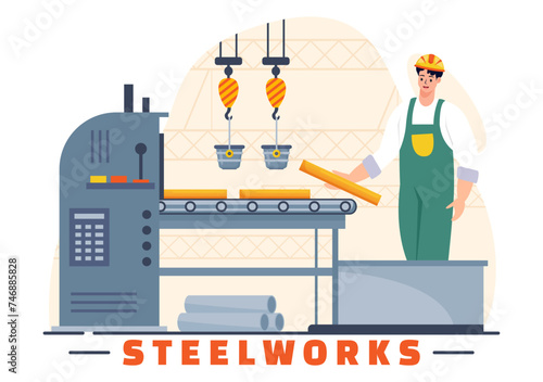 Steelworks Vector Illustration with Resource Mining, Smelting of Metal in Big Foundry and Hot Steel Pouring in Flat Cartoon Background Design