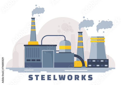 Steelworks Vector Illustration with Resource Mining, Smelting of Metal in Big Foundry and Hot Steel Pouring in Flat Cartoon Background Design