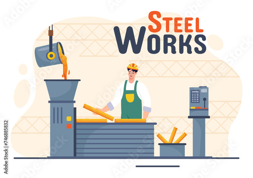 Steelworks Vector Illustration with Resource Mining, Smelting of Metal in Big Foundry and Hot Steel Pouring in Flat Cartoon Background Design
