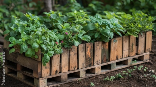 Growing herbs in a garden made from upcycled materials. 