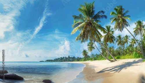 Panorama of tropical beach with coconut palm trees. Holiday  travel  summer concept.