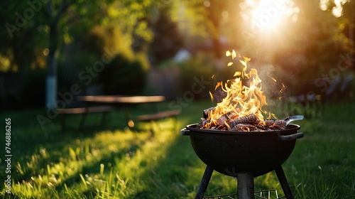 Barbecue grill with fire on grass backyard background