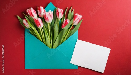 Bouquet of pink tulips in red envelope on turquoise background. Mockup with white card. 8 MARCH	

