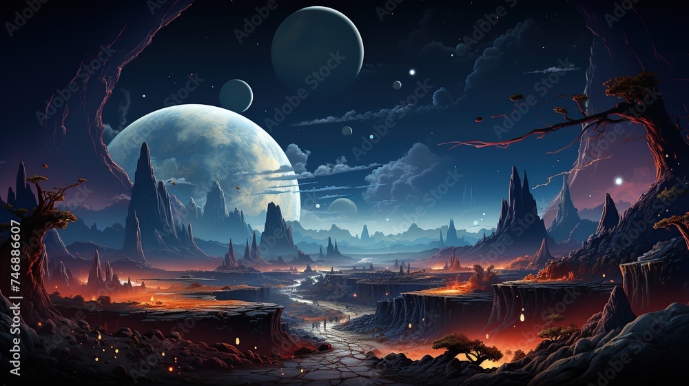 Space background with landscape of alien planet - obrazy, fototapety, plakaty 