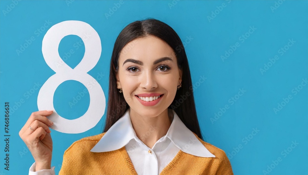 Surprised woman with paper figure 8 on blue background with space for text. International Women's Day Surprised woman with paper figure 8 on blue background with space for text. International Women's Day
