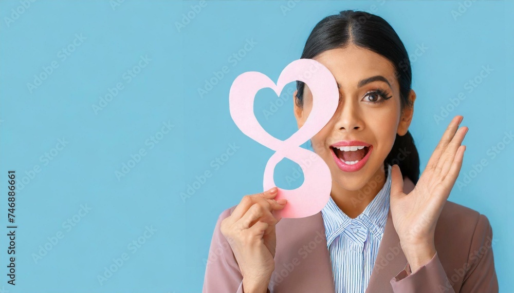 Surprised woman with paper figure 8 on blue background with space for text. International Women's Day Surprised woman with paper figure 8 on blue background with space for text. International Women's Day