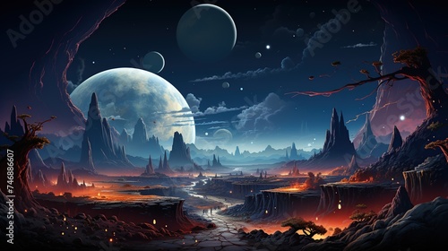 Space background with landscape of alien planet photo