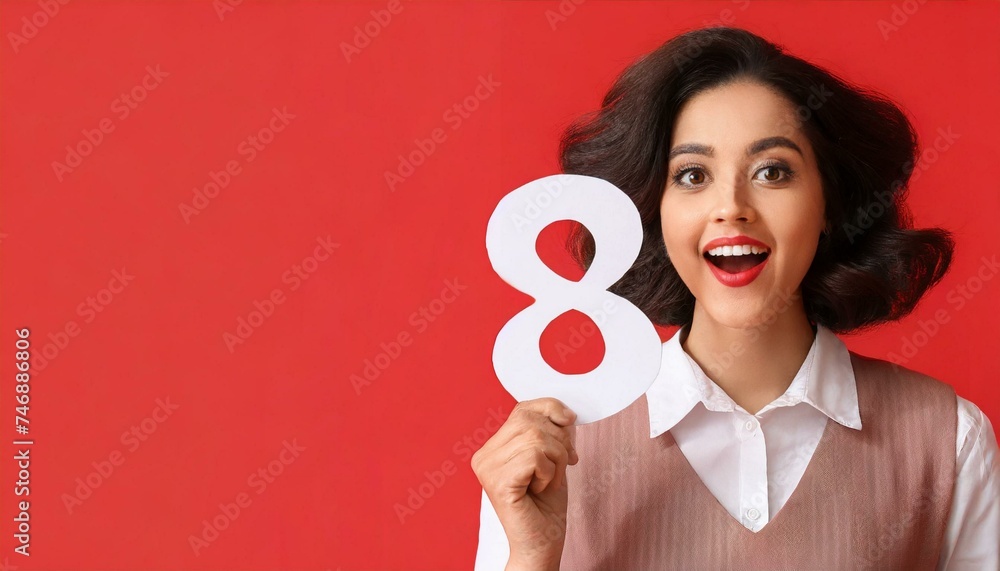 Surprised woman with paper figure 8 on red background with space for text. International Women's Day Surprised woman with paper figure 8 on red background with space for text. International Women's Day