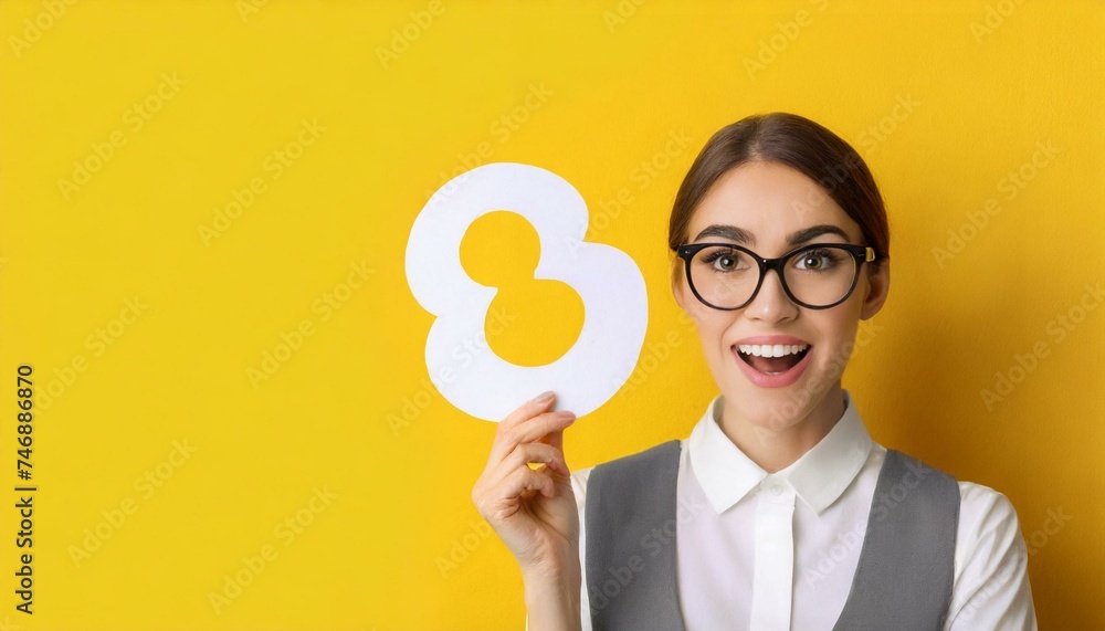 Surprised woman with paper figure 8 on yellow background with space for text. International Women's Day Surprised woman with paper figure 8 on yellow background with space for text. International Women's Day