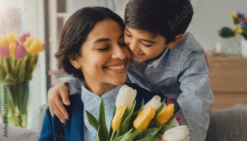 Happy adult woman with tulips smiling with closed eyes and embracing boy in gratitude while celebrating holiday mothers day at home