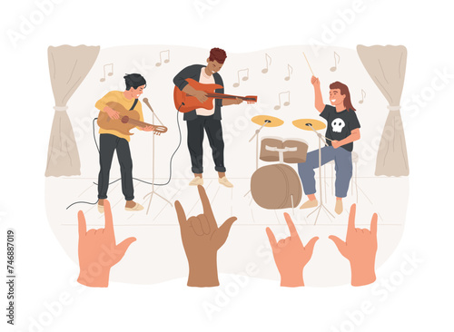 Rock music isolated concept vector illustration. Rock-and-roll concert, rock music festival culture, record store, live performance, garage recording studio, band rehearsal vector concept.