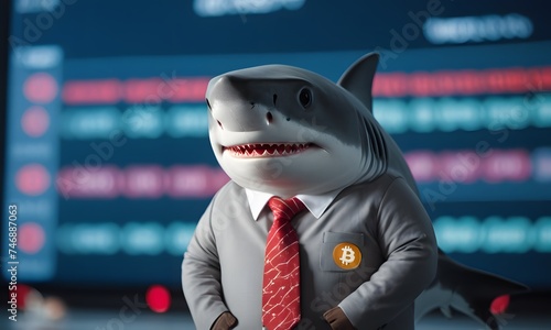 A person in a shark costume stands confidently in front of a stock market display, wearing a suit and red tie. The costume's shark head and the Bitcoin pin on the suit add a playful yet professional photo