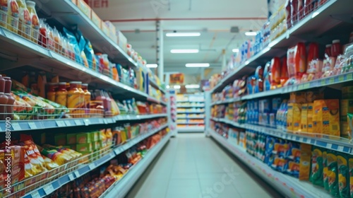 Blurry supermarket aisle emphasizing the consumerism aspect of shopping with sharp clean lines