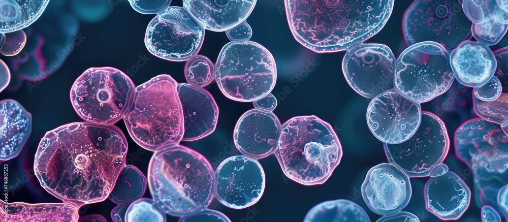 A group of pink and blue cells, identified as stained potato starch grains, are observed under a microscope at 1000x magnification. The cells exhibit distinct colors and patterns, providing a detailed