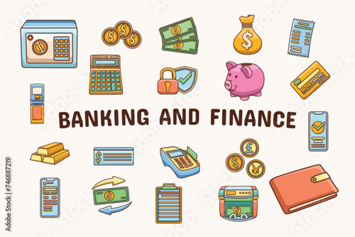 Banking and Finance Lineal Color Vector Illustration Icon Sticker Set Design Materials
