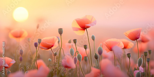 Radiant Poppies Dance in the Summer Meadow, Bathed in the Warm Glow of Sunset