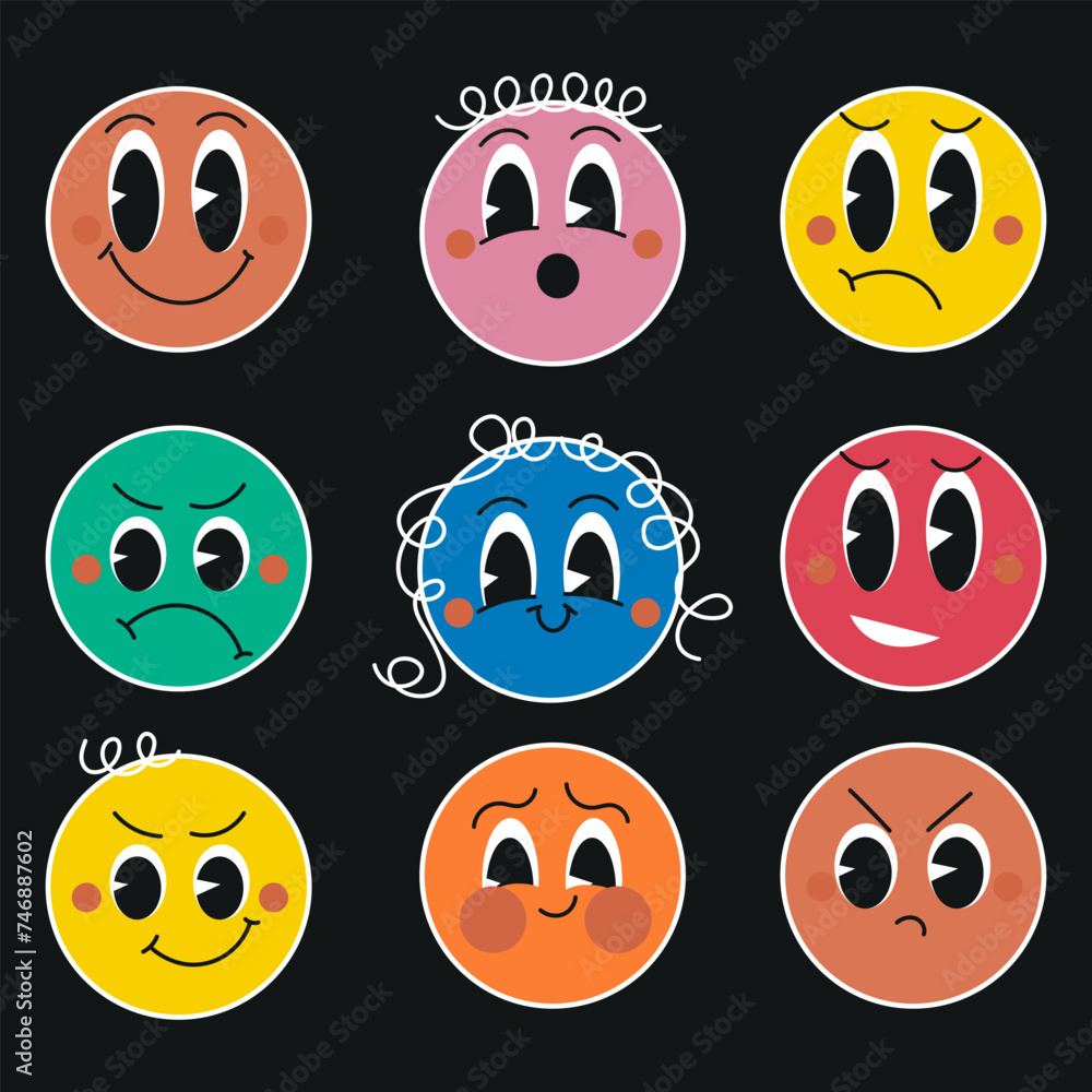Round abstract set. Collection of funny retro badges for childrens. Emotions, emoticons, emoji, stickers, labels in vintage style. Cartoon flat vector illustrations isolated on black background Round abstract set. Collection of funny retro badges for childrens. Emotions, emoticons, emoji, stickers, labels in vintage style. Cartoon flat vector illustrations isolated on black background