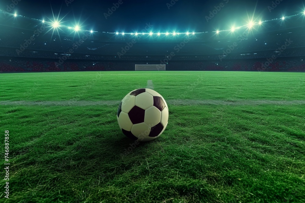 Close-up of soccer ball in the stadium in the evening light